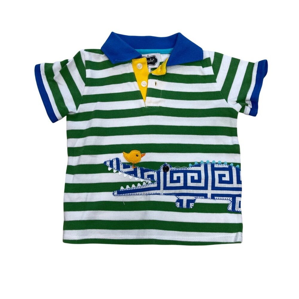 Mudpie‎ Striped Polo Shirt Boys Size 3T Alligator Applique Pique Cotton Green